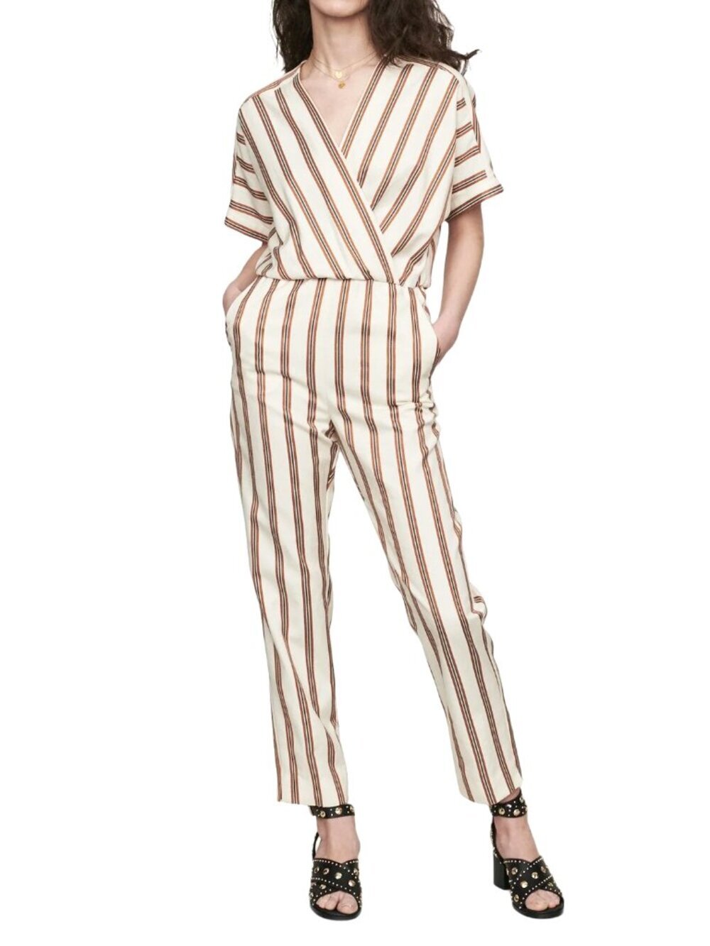 MAJE Pieni Ivory Orange Striped Cotton Blend Twill Wrap Jumpsuit, Size 34/XS